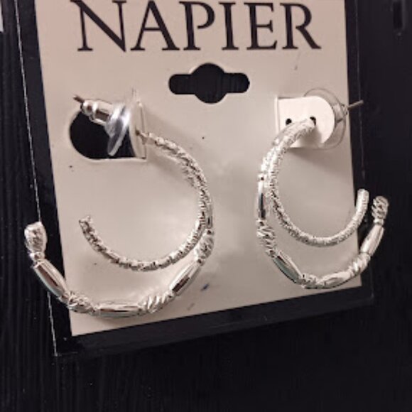 NAPIER Mod/Contemporary Silver Twist & Smooth/Diamond Cut Double Hoop Earrings - Picture 2 of 3